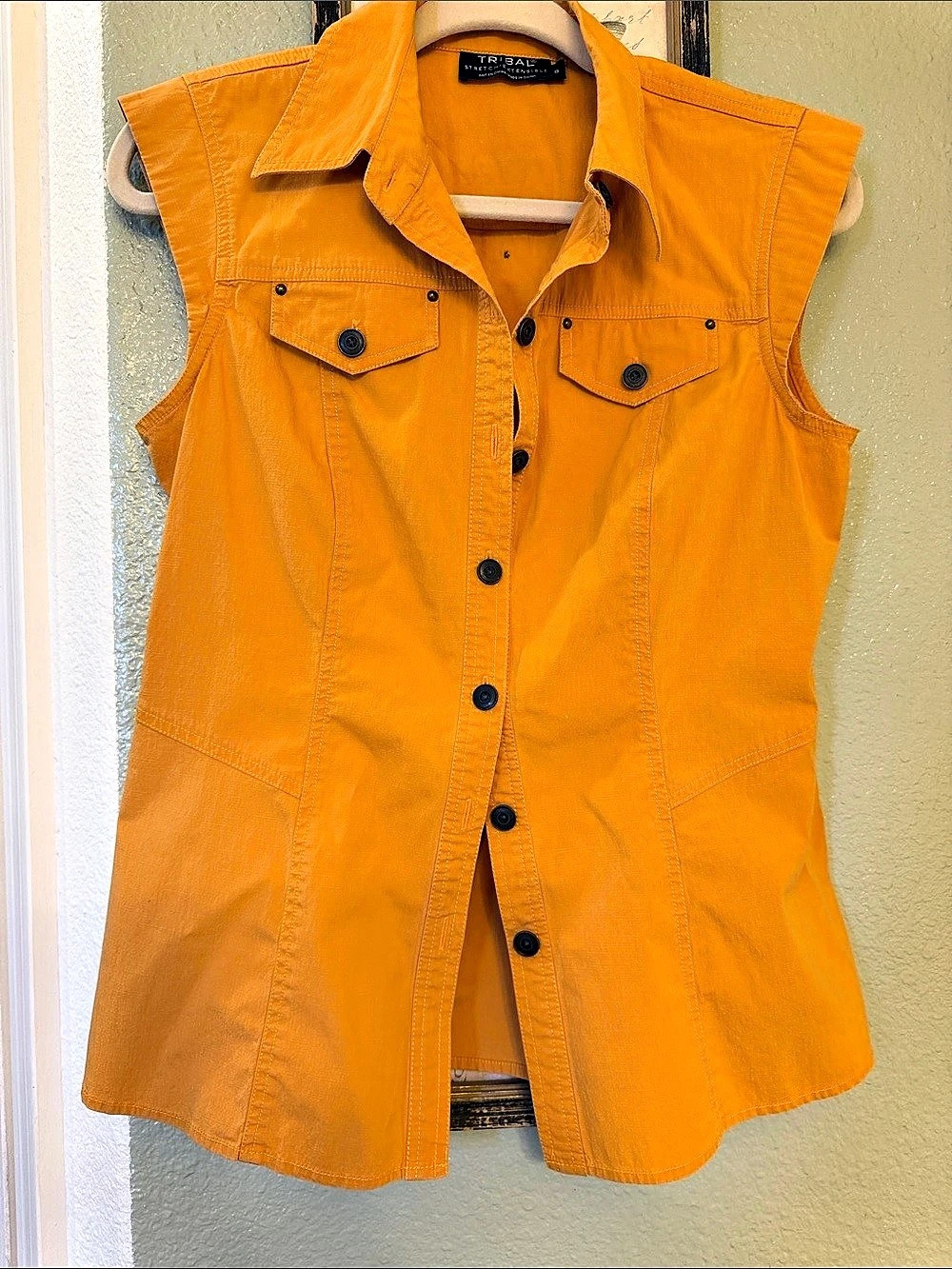 Tribal Sleeveless Button Down Top in Orange Like New